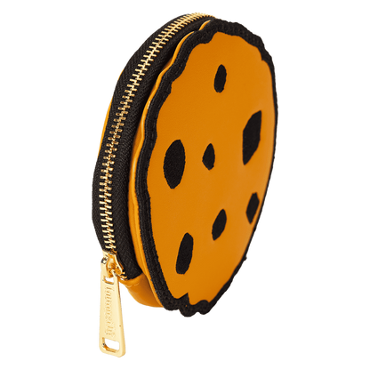 Cookie-shaped coin purse with gold zipper on a white background