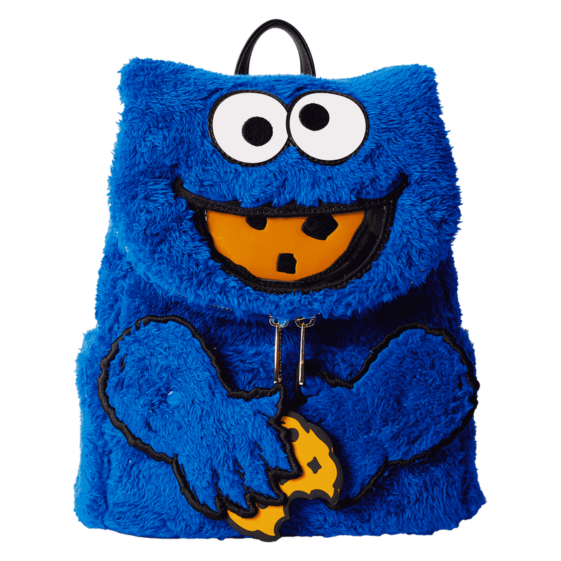 Blue furry backpack with Cookie Monster design on a white background