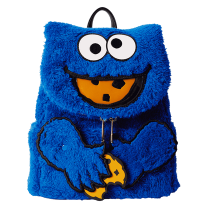 Blue furry backpack with Cookie Monster design on a white background