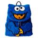 Blue furry backpack with Cookie Monster design on a white background