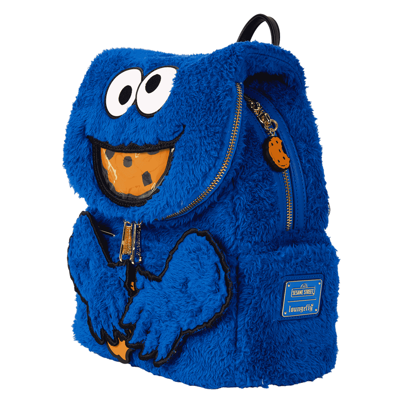 Blue furry backpack with Cookie Monster design on a white background