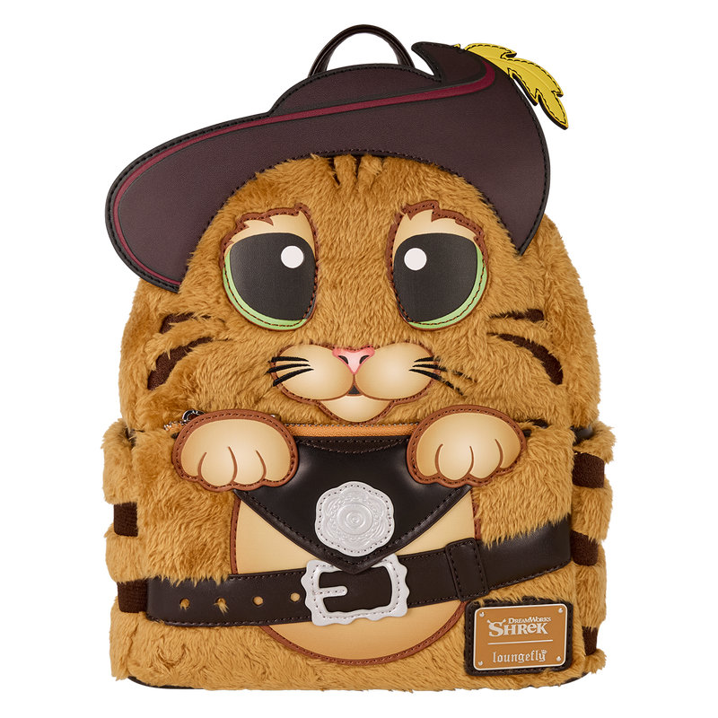 Plush backpack shaped like a cat in a pirate costume with a Shrek logo.