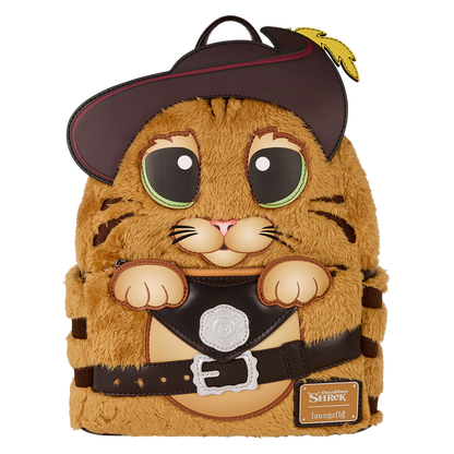 Plush backpack shaped like a cat in a pirate costume with a Shrek logo.