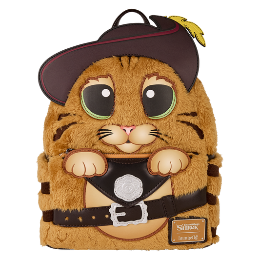 Plush backpack shaped like a cat in a pirate costume with a Shrek logo.