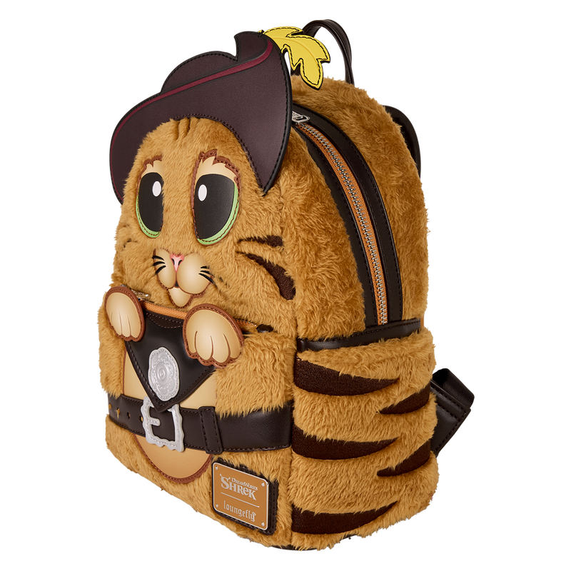Plush backpack with a cat design wearing a pirate hat and eyepatch on a white background