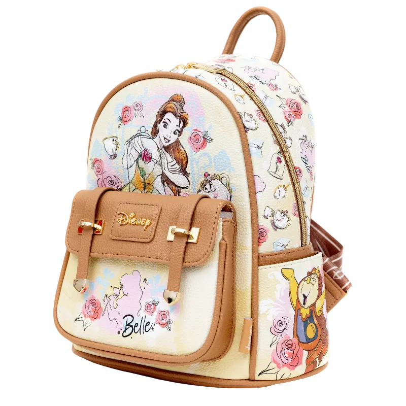 Disney Beauty and the Beast themed mini backpack featuring Belle, Cogburn, and other characters on a cream background with tan leather trim and gold-tone hardware.