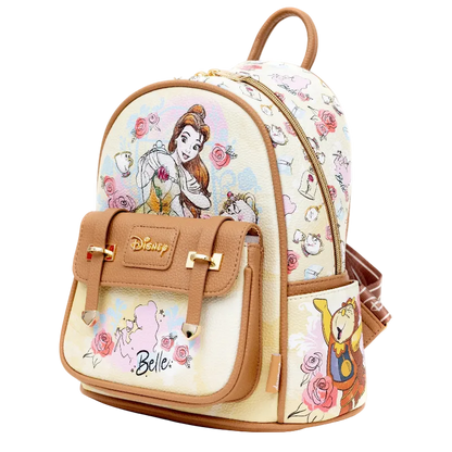 Disney Beauty and the Beast themed mini backpack featuring Belle, Cogburn, and other characters on a cream background with tan leather trim and gold-tone hardware.
