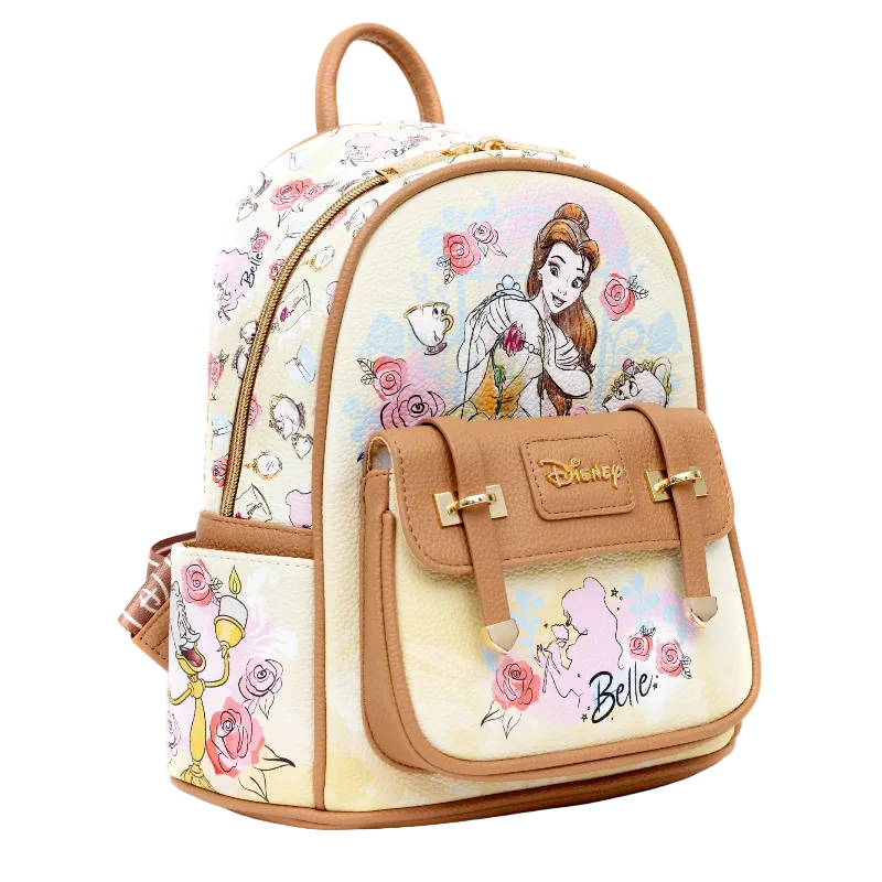 Disney Beauty and the Beast themed mini backpack featuring Belle, the teacups, roses, and Luminari on a cream-colored canvas with tan leather trim and a front pocket.