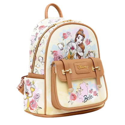 Disney Beauty and the Beast themed mini backpack featuring Belle, the teacups, roses, and Luminari on a cream-colored canvas with tan leather trim and a front pocket.