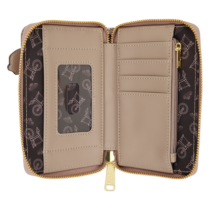 Beige wallet with gold zipper and card slots on a white background