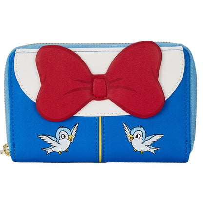 Blue wallet with a red bow and cartoon birds on a white background