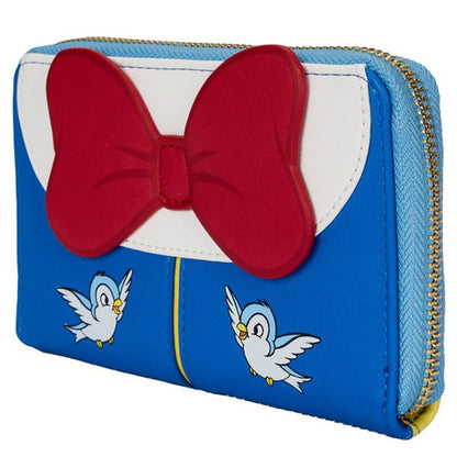 Blue wallet with a red bow and cartoon birds on a white background