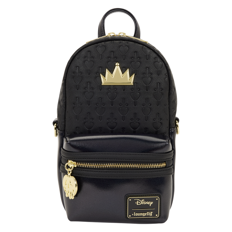 Black backpack with gold crown design and Disney logo on a white background