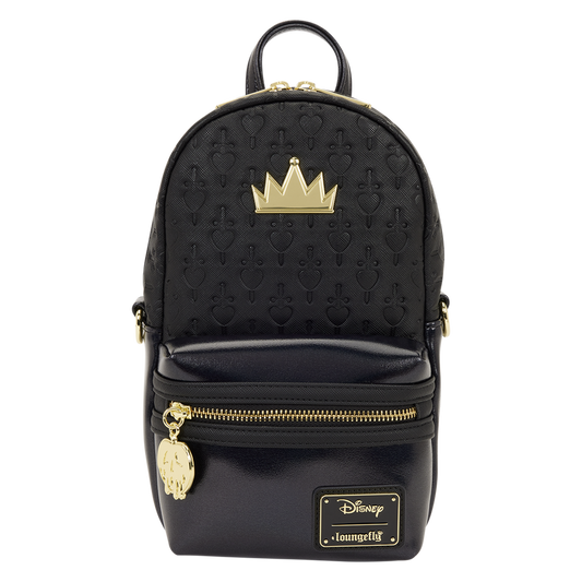 Black backpack with gold crown design and Disney logo on a white background