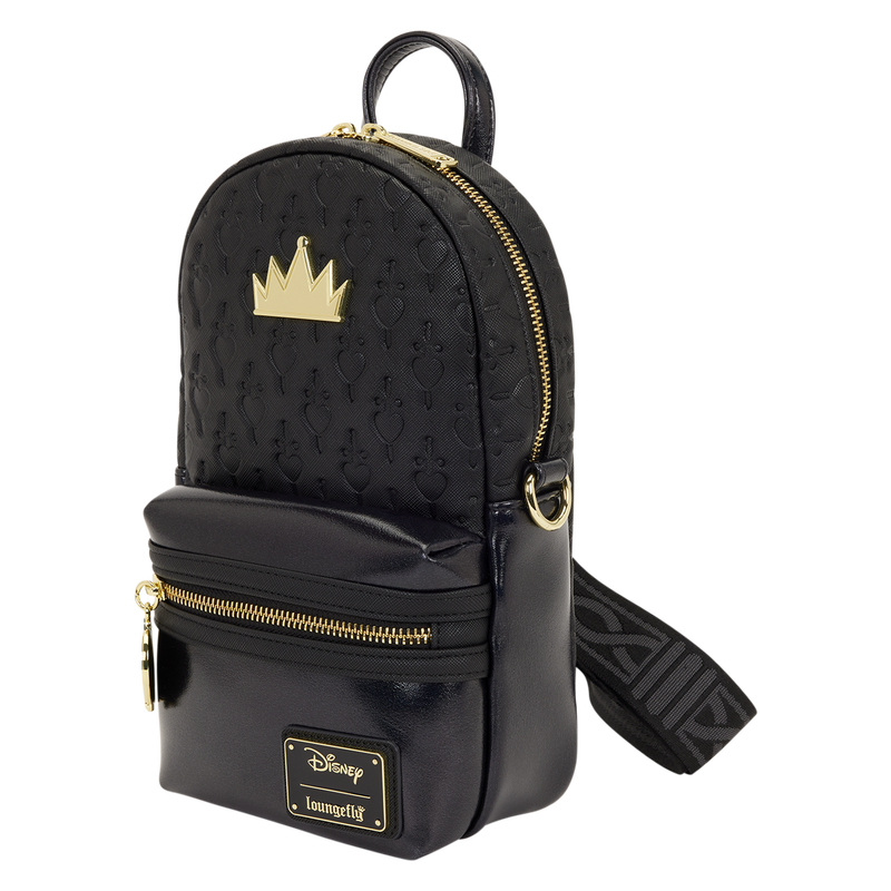 Black backpack with gold accents and a crown emblem on a white background