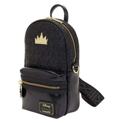 Black backpack with gold accents and a crown emblem on a white background