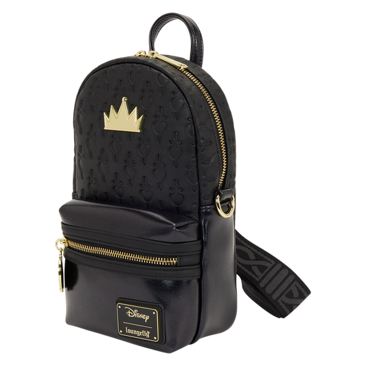 Black backpack with gold accents and a crown emblem on a white background