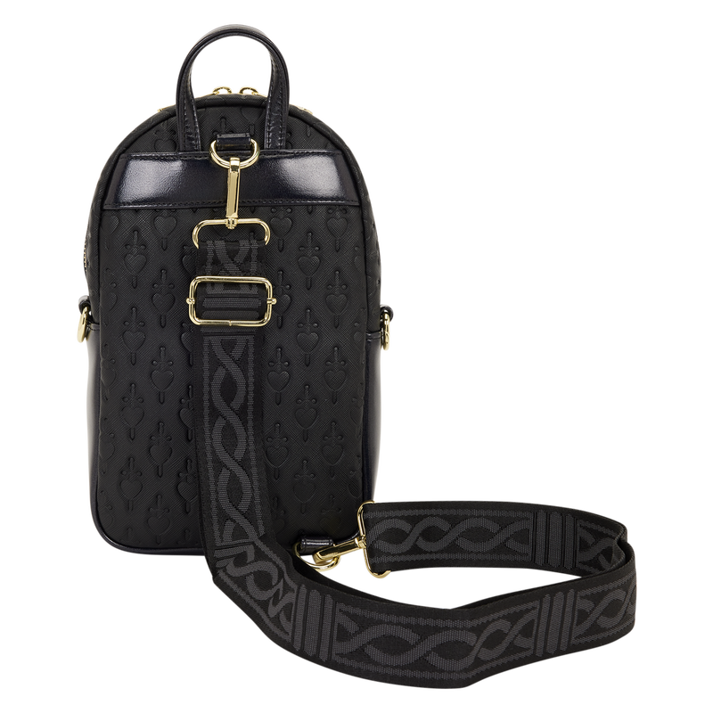 Black backpack with gold accents and a matching strap on a white background