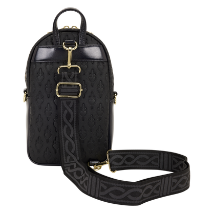 Black backpack with gold accents and a matching strap on a white background