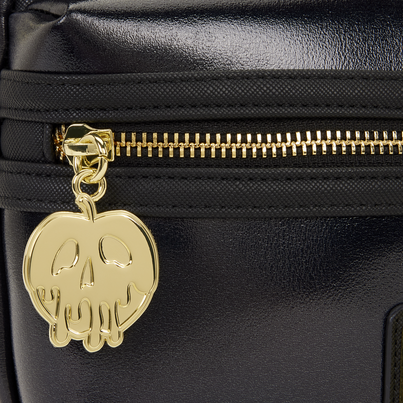 Black bag with a gold skull charm attached to the zipper