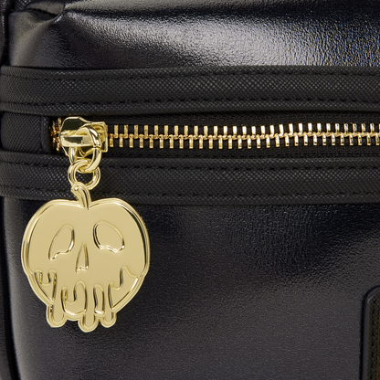Black bag with a gold skull charm attached to the zipper