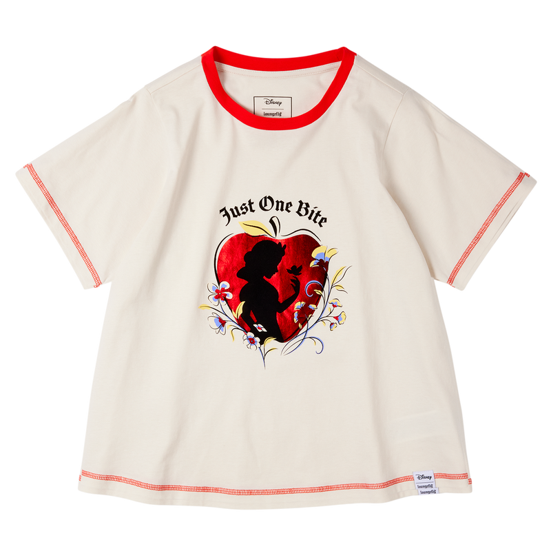White t-shirt with red heart graphic and text 'Just One Bite' on a white background