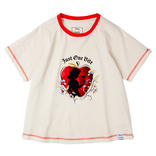 White t-shirt with red heart graphic and text 'Just One Bite' on a white background