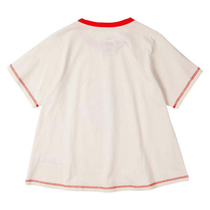 Beige t-shirt with red trim on a white background