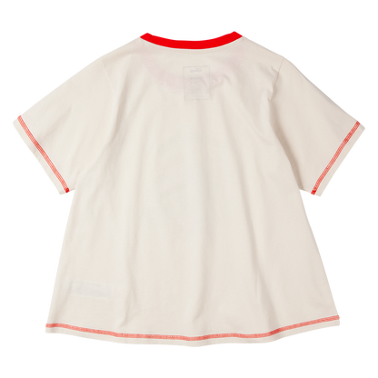 Beige t-shirt with red trim on a white background