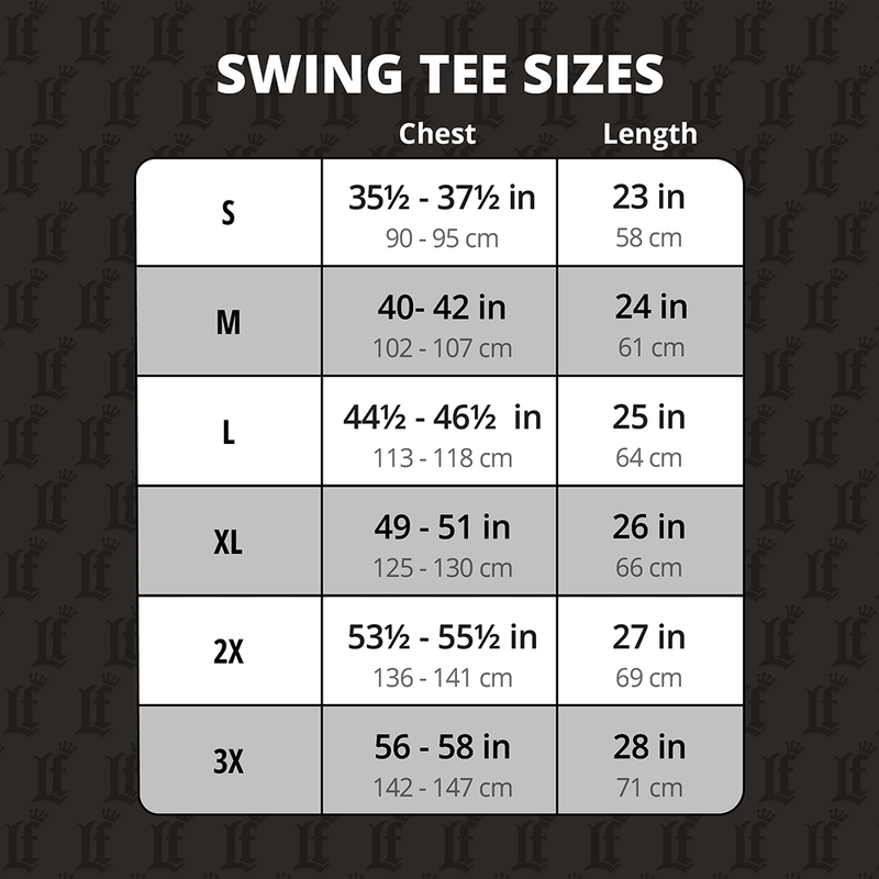 Size chart for Swing Tee with chest and length measurements on a dark background
