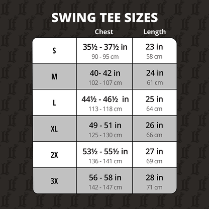 Size chart for Swing Tee with chest and length measurements on a dark background