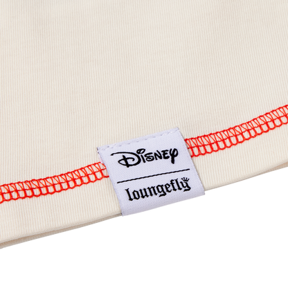 Close-up of a Disney Loungefly label on a product with red stitching.