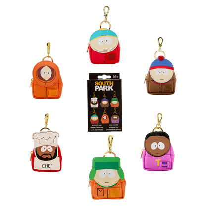 South Park character keychains displayed with a packaging box on a white background