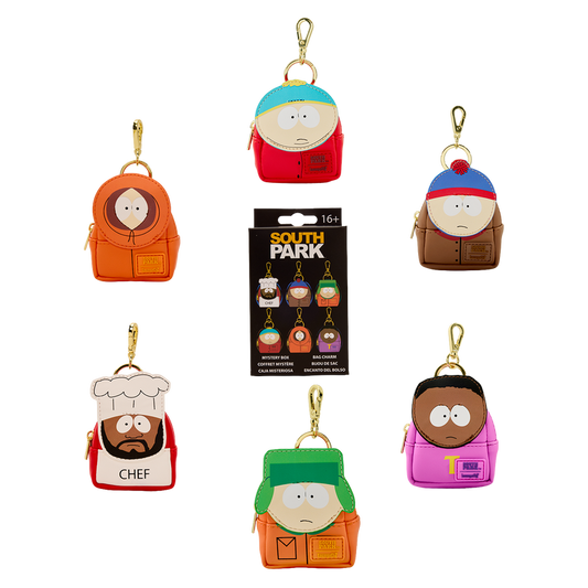 South Park character keychains displayed with a packaging box on a white background