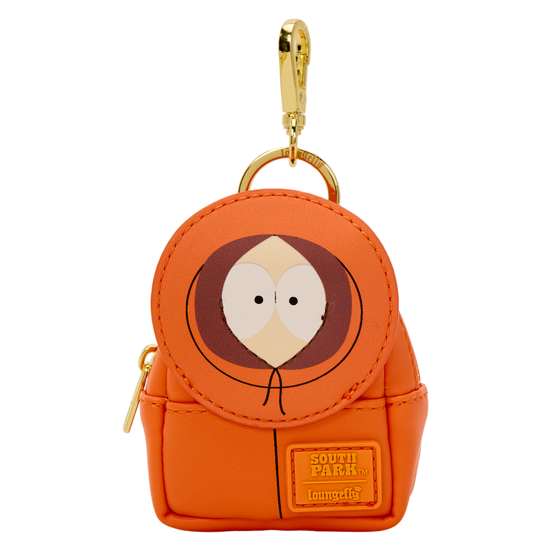 Orange backpack keychain with South Park character face on a white background