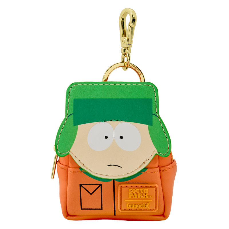 South Park character keychain with green hair and orange outfit on a white background