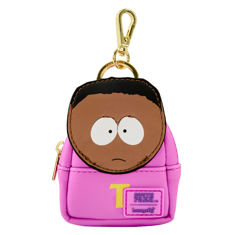 Pink keychain with cartoon character face on a white background