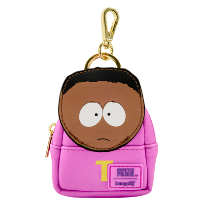Pink keychain with cartoon character face on a white background