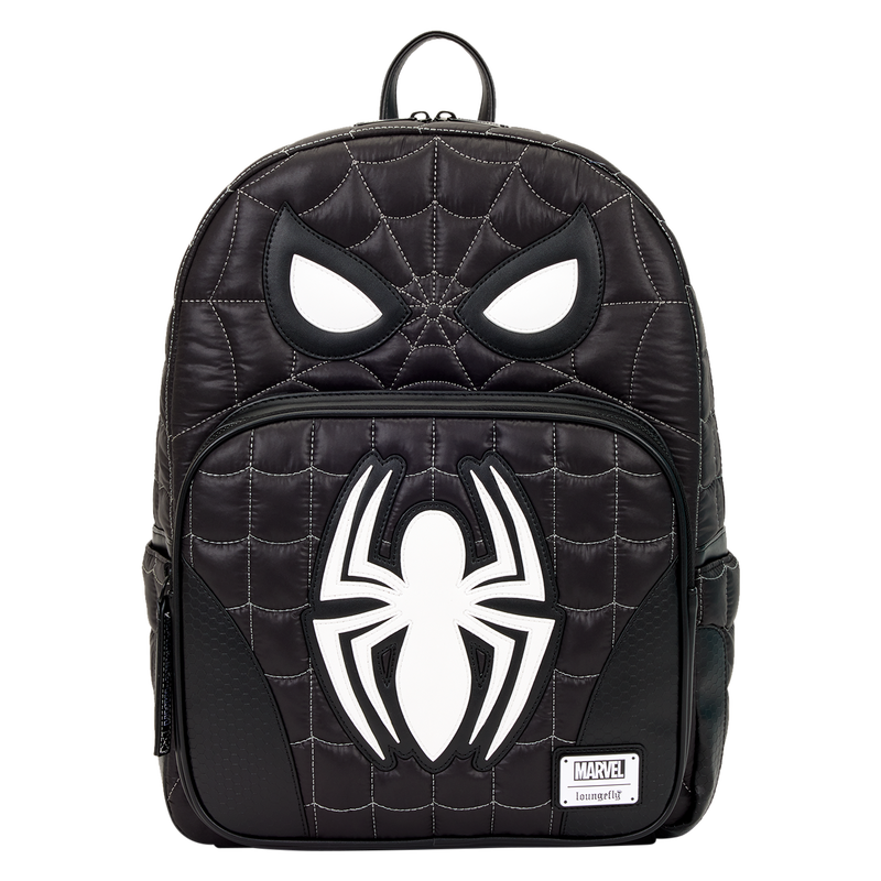 Black backpack with spider emblem and Marvel logo on a white background