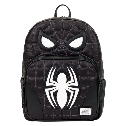 Black backpack with spider emblem and Marvel logo on a white background