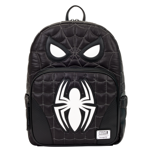 Black backpack with spider emblem and Marvel logo on a white background