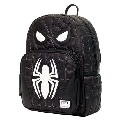 Black backpack with spider emblem on a white background