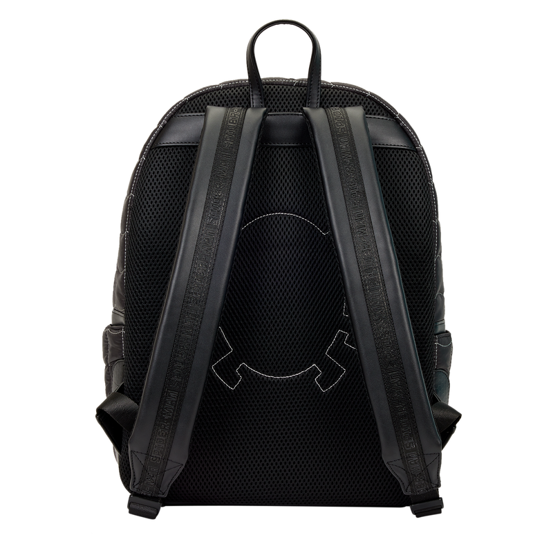 Black backpack with a brand logo on the back on a white background