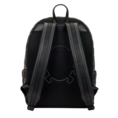 Black backpack with a brand logo on the back on a white background