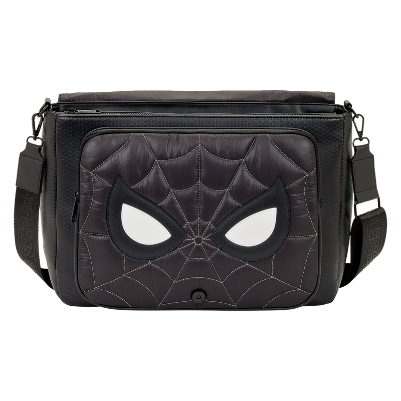 Black bag with spider web design on a white background