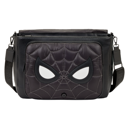 Black bag with spider web design on a white background