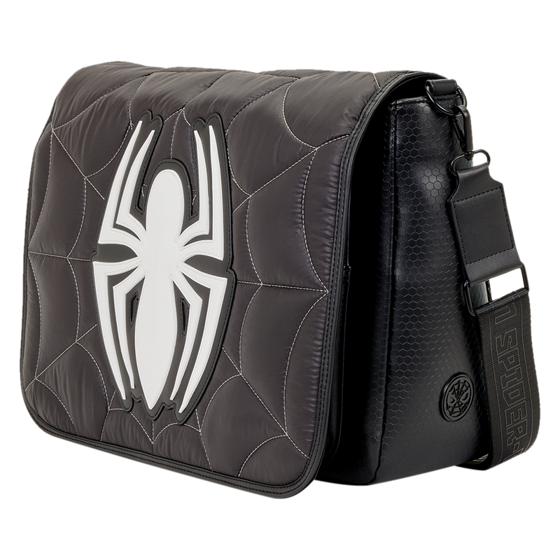 Black bag with spider emblem on a white background