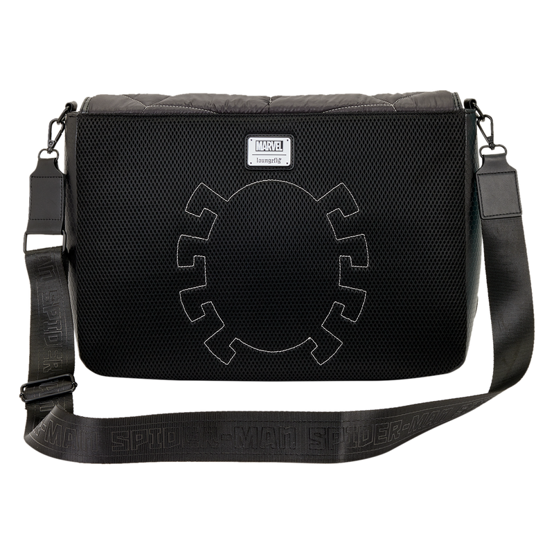 Black messenger bag with a logo on a white background