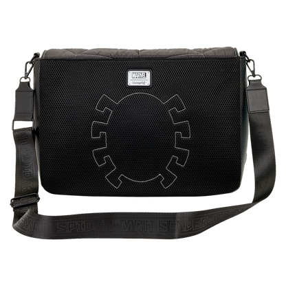 Black messenger bag with a logo on a white background