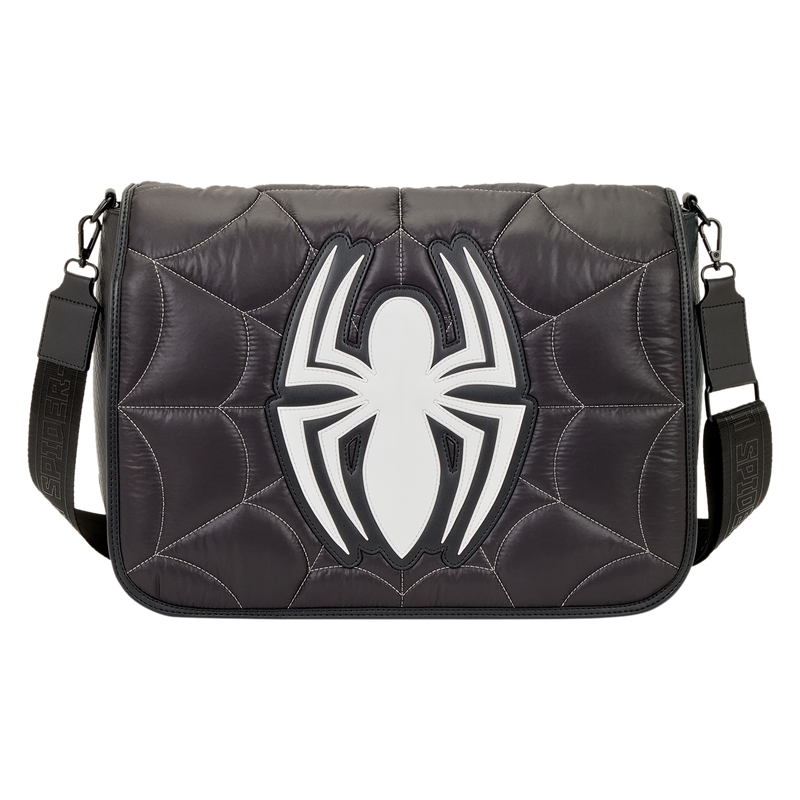 Black bag with a white spider emblem on a white background